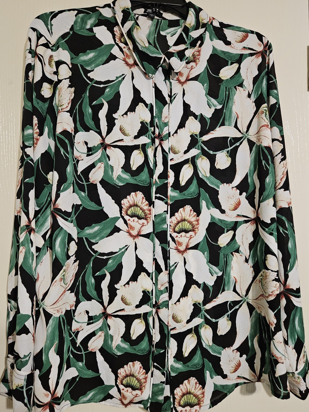 Express Black Button-Down Shirt with White & Green Floral Print
